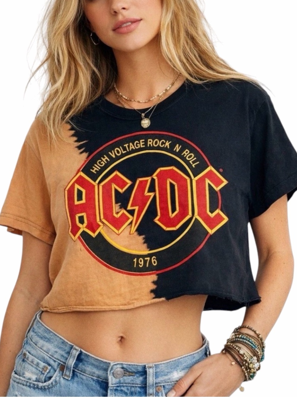 ACDC Cropped Band Tee Bleach Dyed Graphic T Shirt Women’s Small